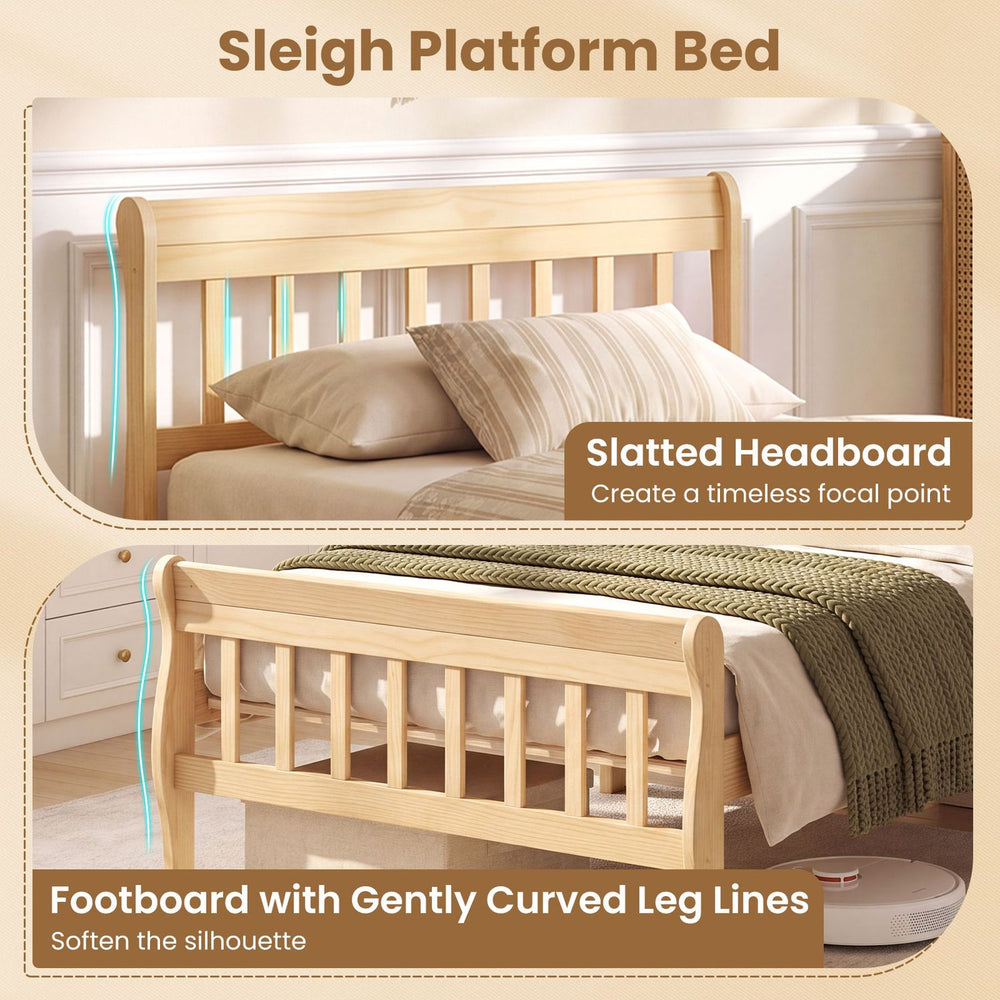Solid wood platform bed frame with slatted headboard and footboard, offering durability and under-bed storage for twin size.