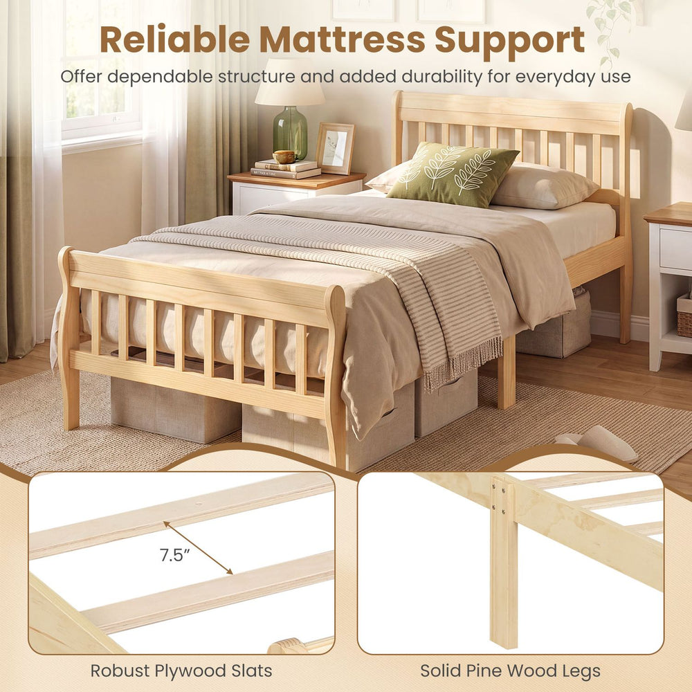 Solid wood platform bed frame with slatted headboard and 8 sturdy slats for reliable mattress support in twin size.