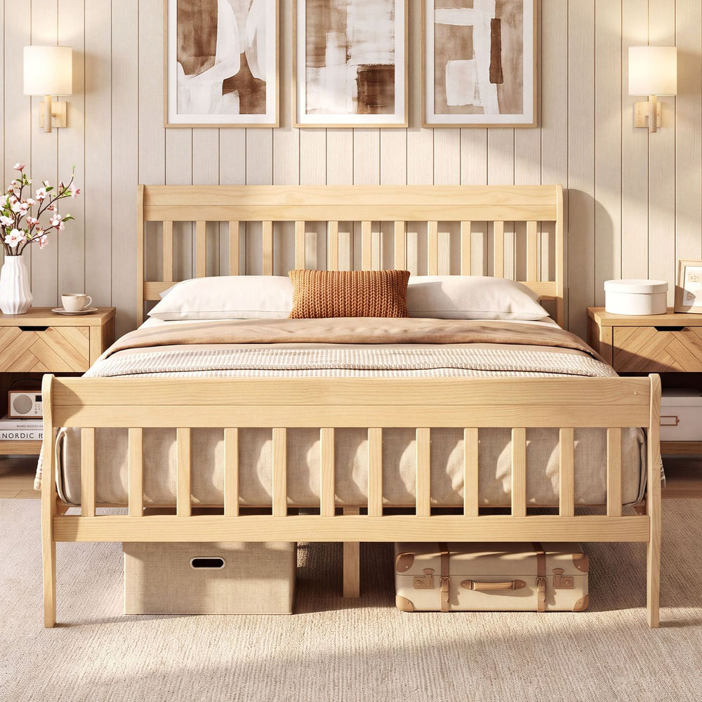 Solid Wood Platform Bed Frame with Headboard Wood Slat Support Natural-Full Size - Gallery View 1 of 9