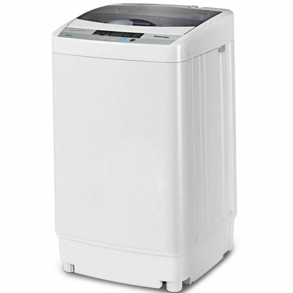 Compact washing machine with a stainless steel inner tub and clear lid, ideal for small spaces like apartments and dorms.