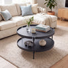 Round black 2-tier plastic coffee table with lower shelf for extra storage, perfect for modern living room decor.