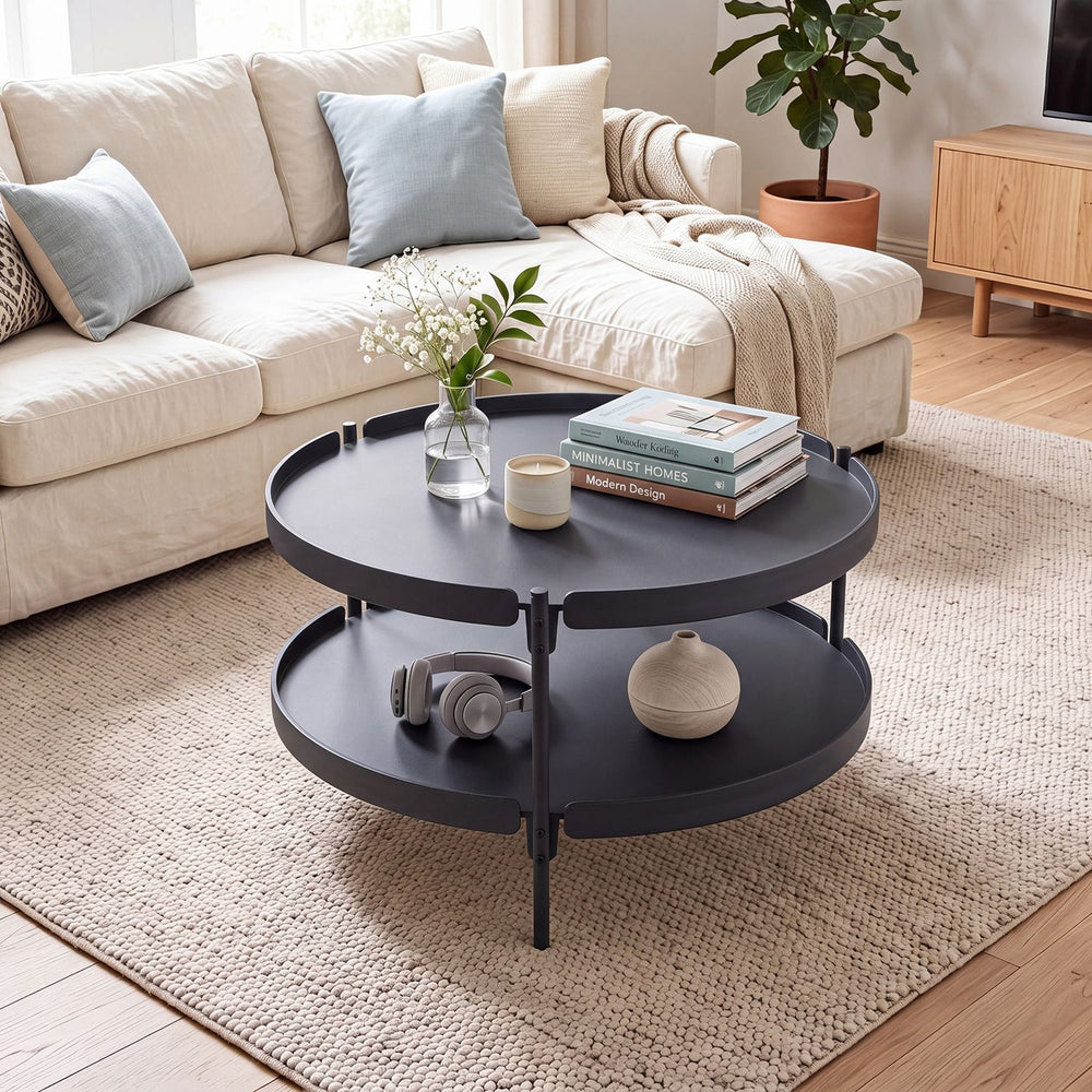 2-Tier Plastic Coffee Round Coffee Table for Living Room-Black - Gallery View 1 of 9