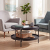 Round black coffee table with two tiers, made of plastic, ideal for versatile living room storage and modern decor.