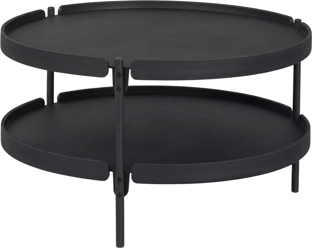 Black 2-tier round coffee table with a sturdy plastic frame and lower shelf for versatile living room storage.