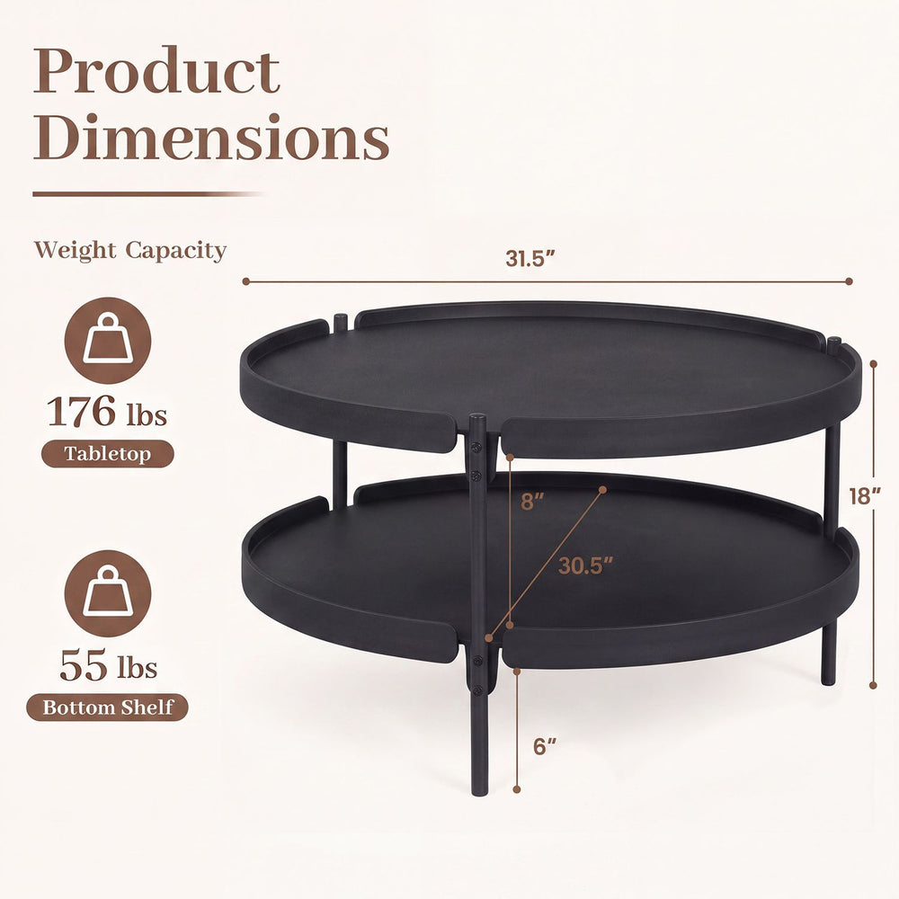 Round black 2-tier plastic coffee table with a lower shelf, versatile design for living room storage and easy cleaning.