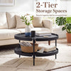 Round black 2-tier plastic coffee table with lower shelf for storage, perfect for modern living room organization.