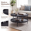 Round black 2-tier coffee table with a sturdy plastic frame and lower shelf for versatile living room storage.