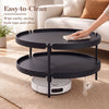 2-tier black plastic coffee table with a lower shelf for storage, easy to clean, perfect for modern living rooms.