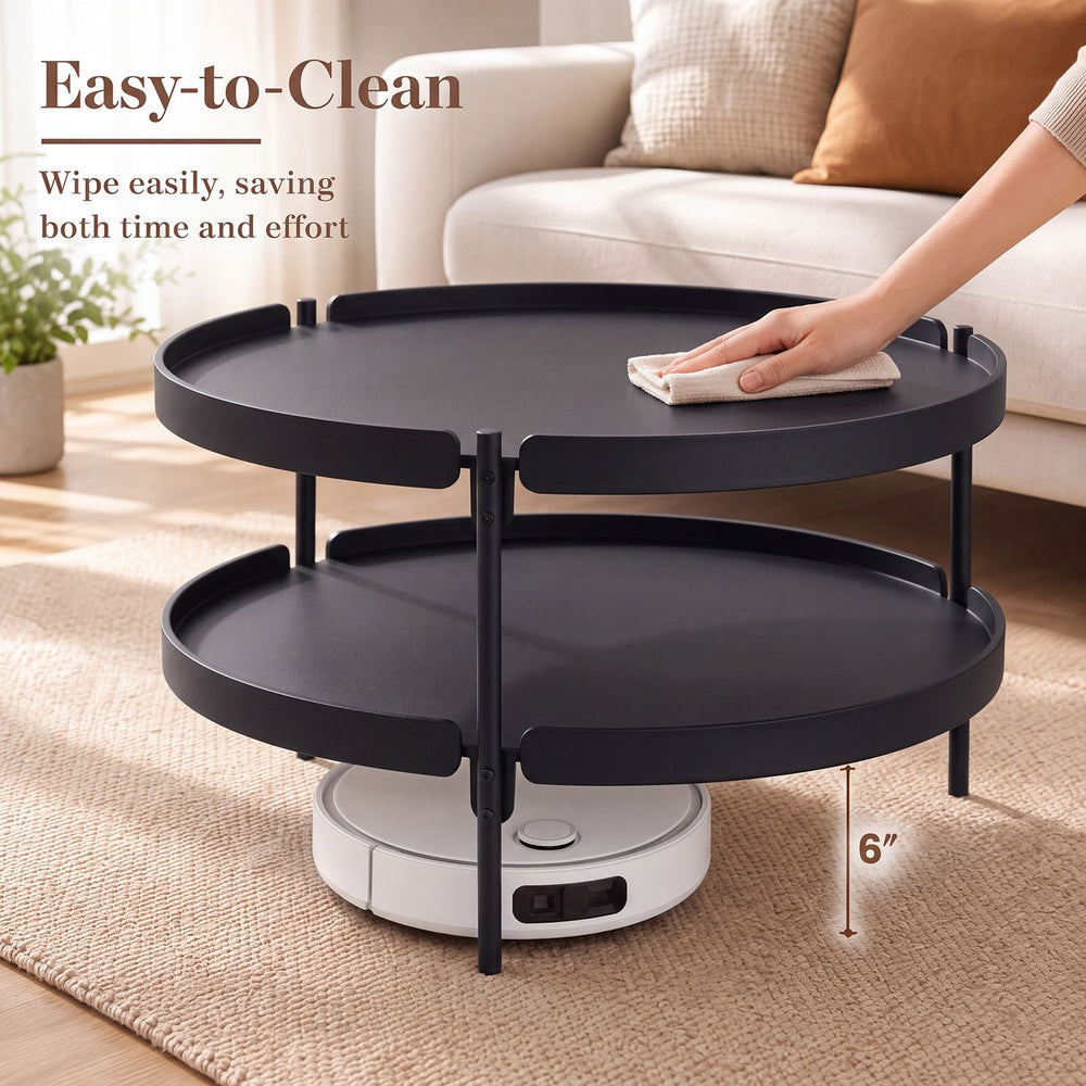 2-tier black plastic coffee table with a lower shelf for storage, easy to clean, perfect for modern living rooms.