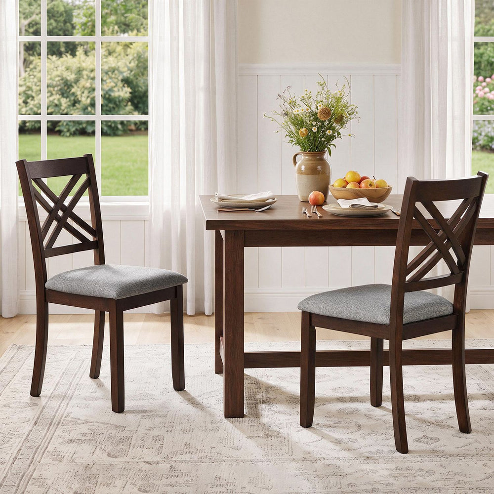 Wooden Dining Chairs Set of 2 with Fabric Padded Seat and Solid Rubber Wood for Kitchen-Brown - Gallery View 1 of 7