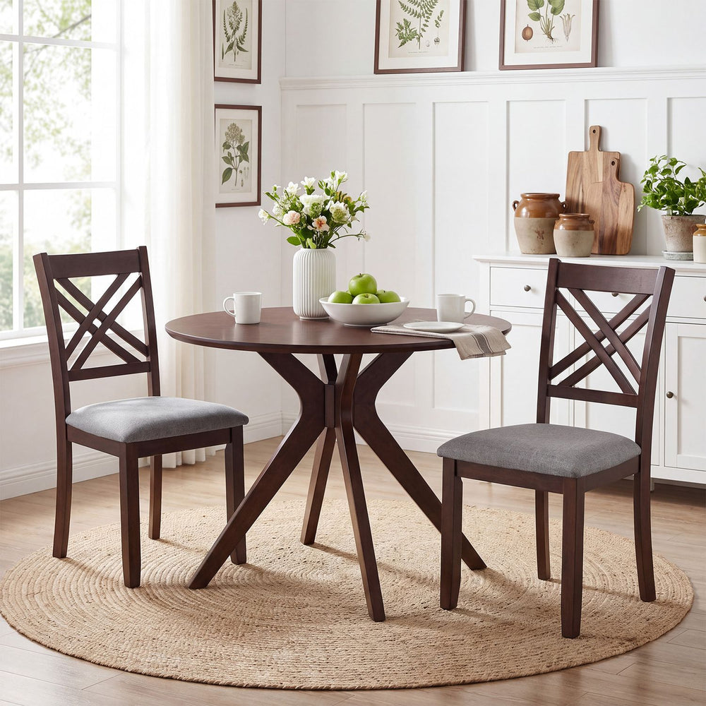 Brown wooden dining chairs set of 2 with fabric padded seats, featuring an ergonomic backrest and protective foot pads.