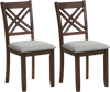 Set of 2 wooden dining chairs with fabric padded seats, rubber wood frame, and ergonomic backrest for kitchen use.