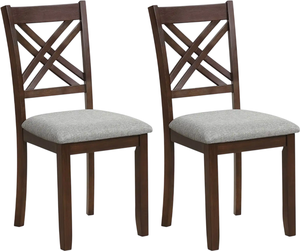 Set of 2 wooden dining chairs with fabric padded seats, rubber wood frame, and ergonomic backrest for kitchen use.
