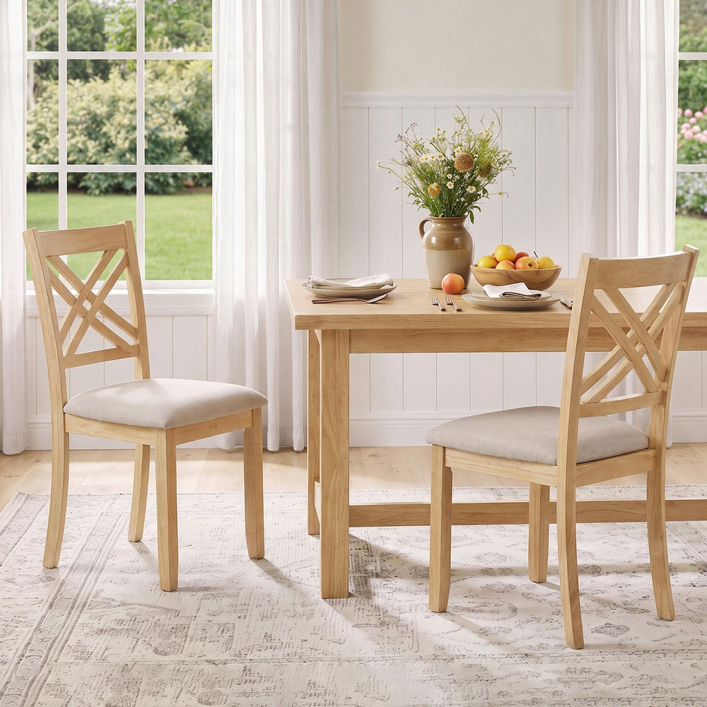 Wooden Dining Chairs Set of 2 with Fabric Padded Seat and Solid Rubber Wood for Kitchen-Natural - Gallery View 1 of 7