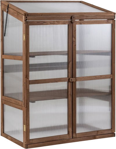 Costway Fir Wood Greenhouse Cabinet w/ Transparent Flip-Top Roof 2-Door Plant Shelf Protection 81863589 New