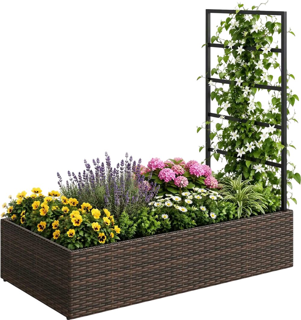 Rattan raised garden bed with trellis features a large planting area for flowers and excellent drainage for patio or balcony.