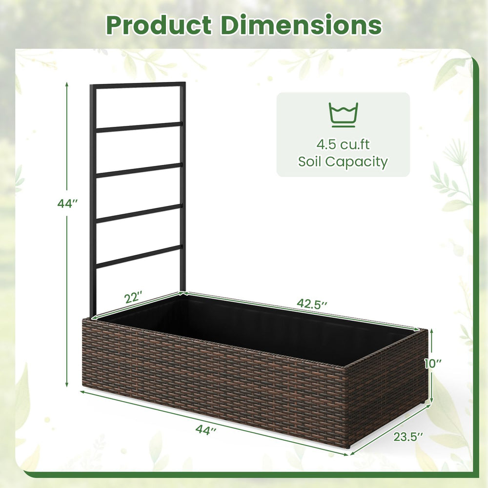 Rattan raised garden bed with trellis, 4.5 cu.ft soil capacity, ideal for flowers and vegetables in patio or backyard.