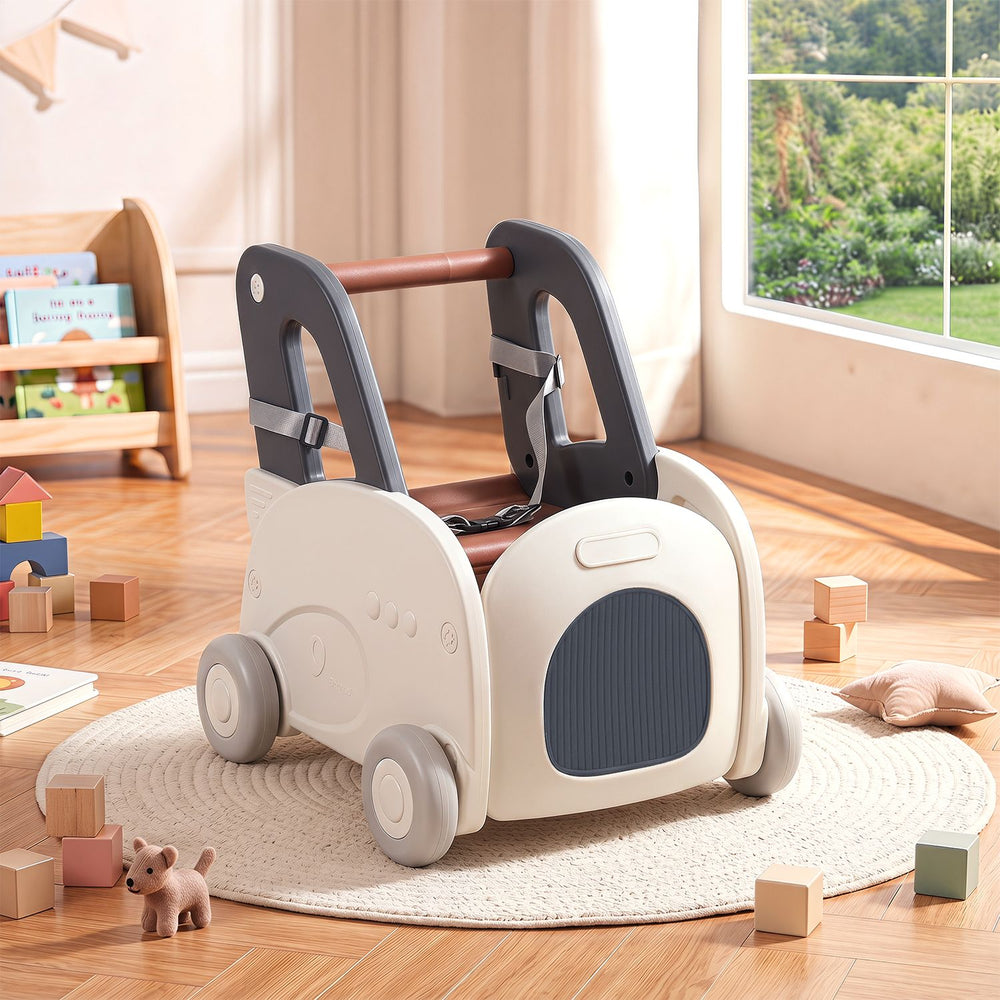 Baby car shape toddler toy box with wheels, flip-up seat, and storage for toys, designed for safe and smooth movement.