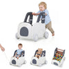 Baby car-shaped toy box with wheels features a flip-up seat, safety belt, and ample storage for toys, perfect for toddlers.