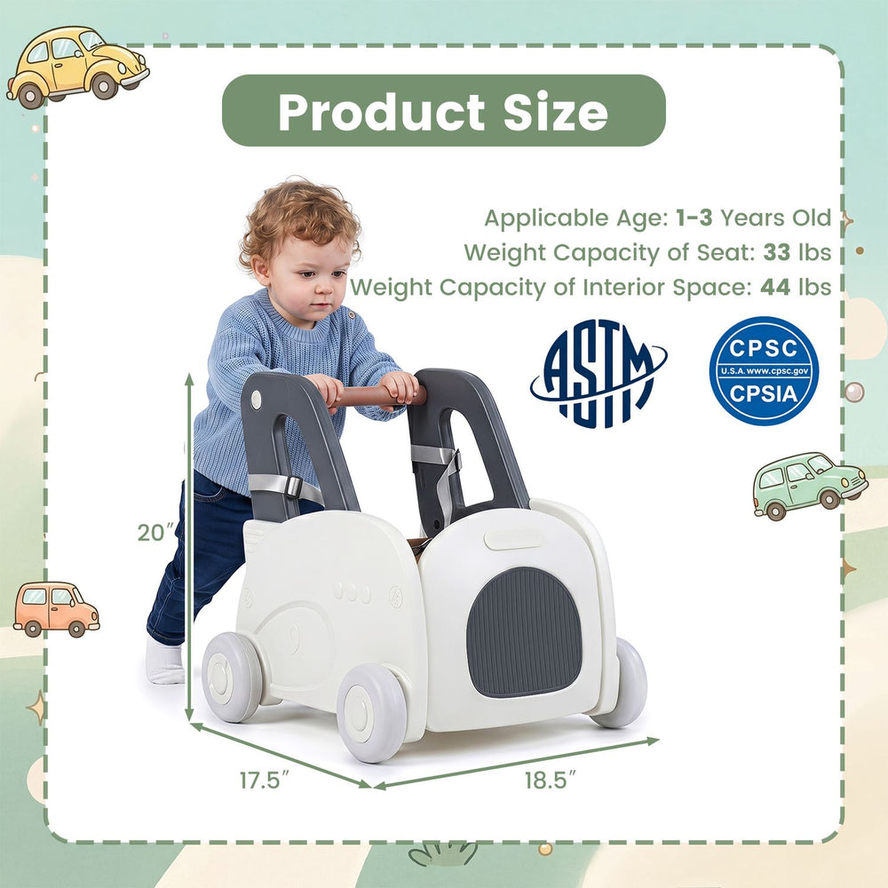 4-in-1 baby car shape toddler toy box with wheels, featuring a flip-up seat and storage for toys, suitable for ages 1-3.