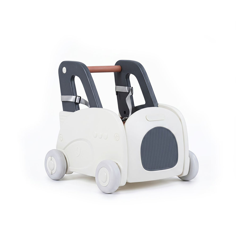 Baby car shape toddler toy box with wheels, flip-up seat, and safety belt for secure play and storage of toys.