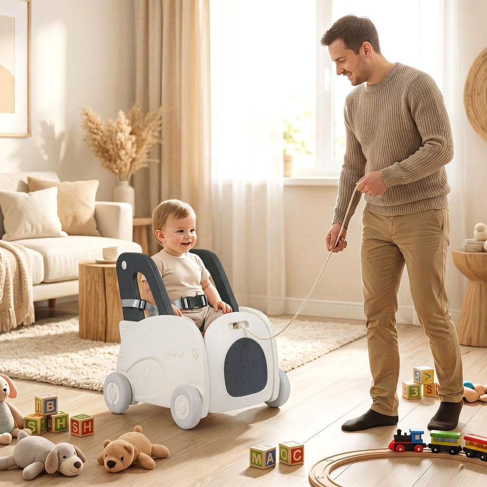 Baby car-shaped toy box with wheels, featuring a flip-up seat, safety belt, and ample storage for kids' toys.