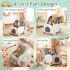 4-in-1 baby car shape toy box with wheels, featuring a flip-up seat, safety belt, and ample storage for toys.