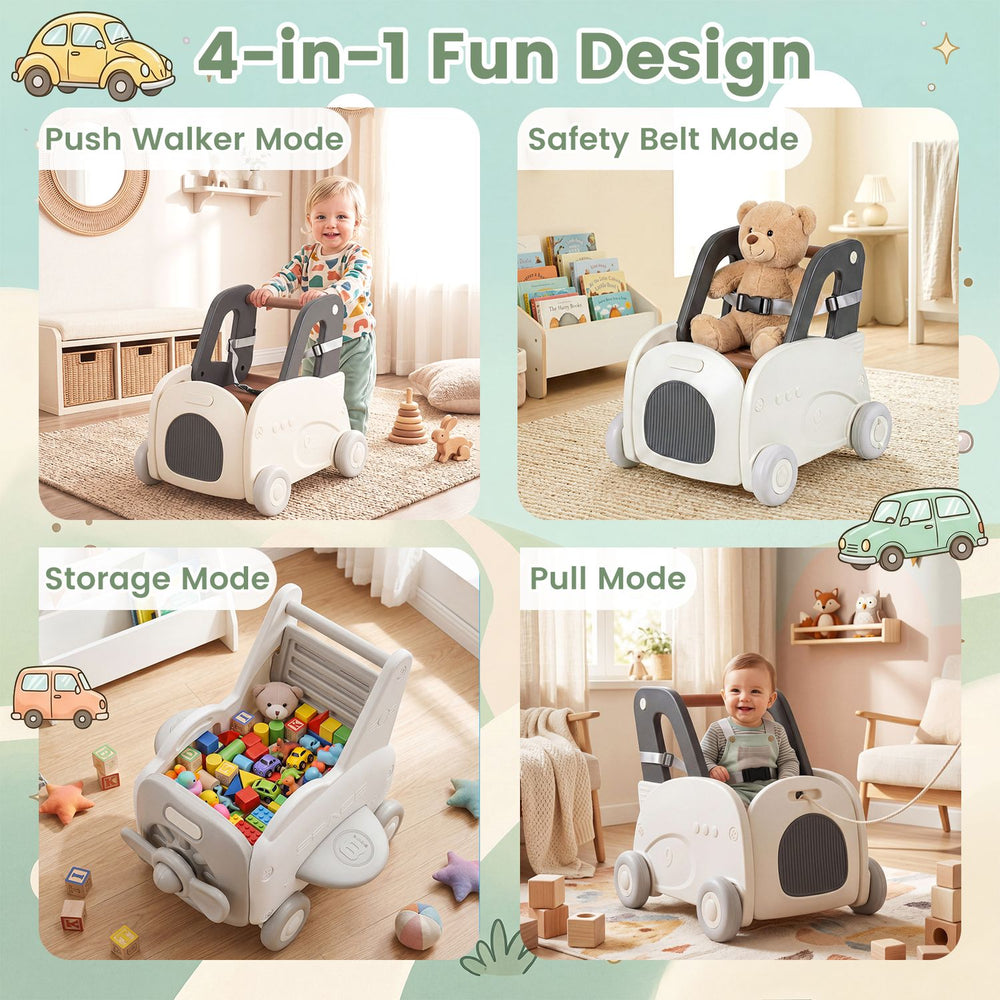 4-in-1 baby car shape toy box with wheels, featuring a flip-up seat, safety belt, and ample storage for toys.