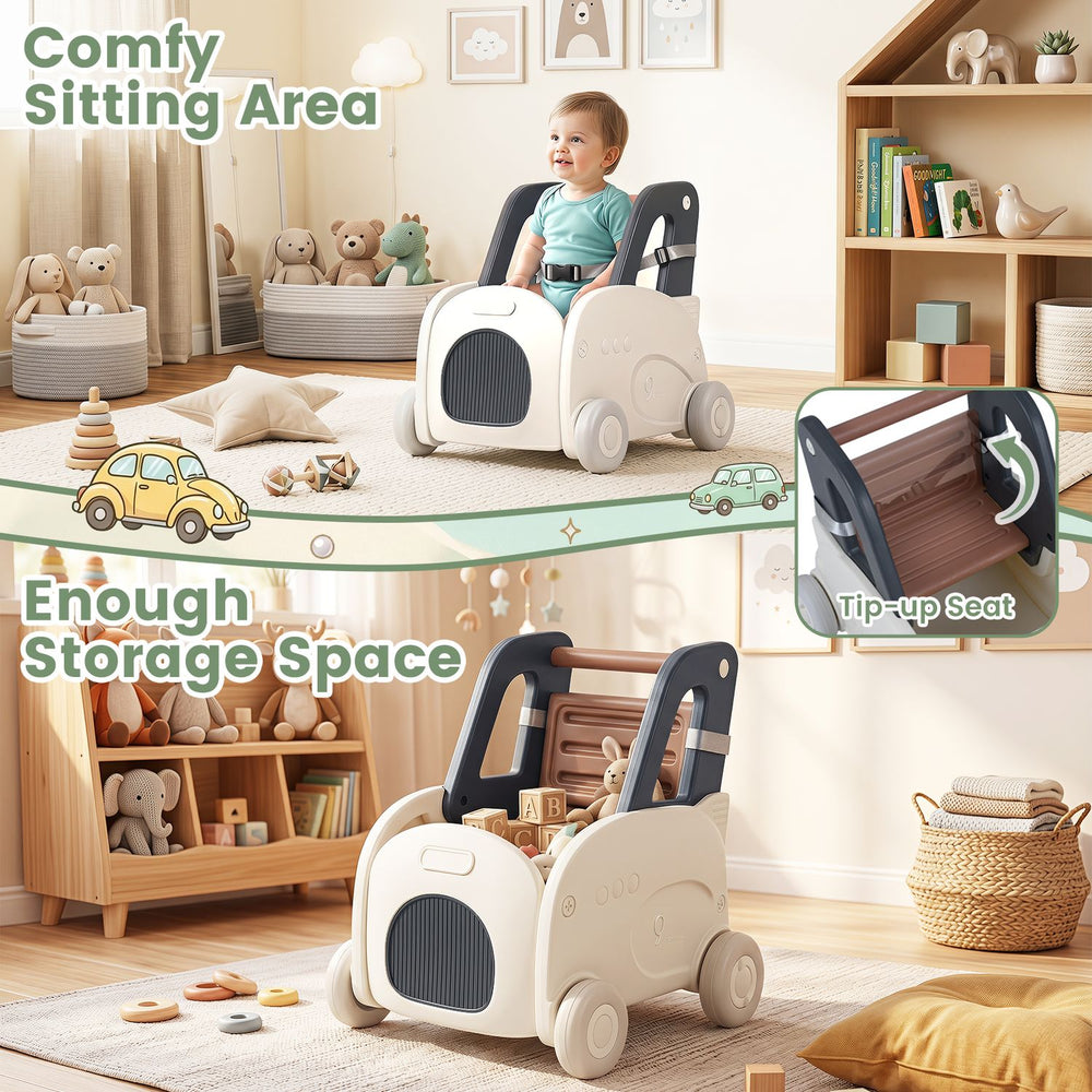 4-in-1 baby car shape toy box with wheels features a comfy sitting area, tip-up seat, and ample storage for toys.