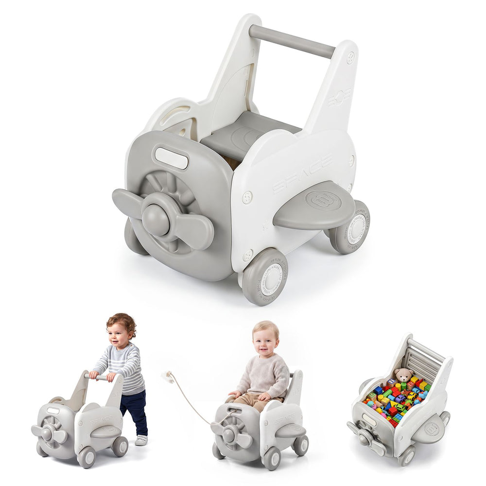 3-in-1 baby airplane shape toddler toy box with wheels, tip-up seat, and storage for toys, ideal for safe play.