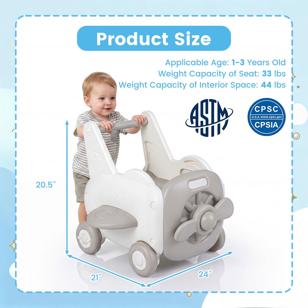 3-in-1 baby airplane shape toddler toy box with wheels, tip-up seat, and ample storage for kids' toys.