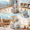Baby airplane-shaped toy box with wheels features a tip-up seat and ample storage for toys, perfect for toddlers.