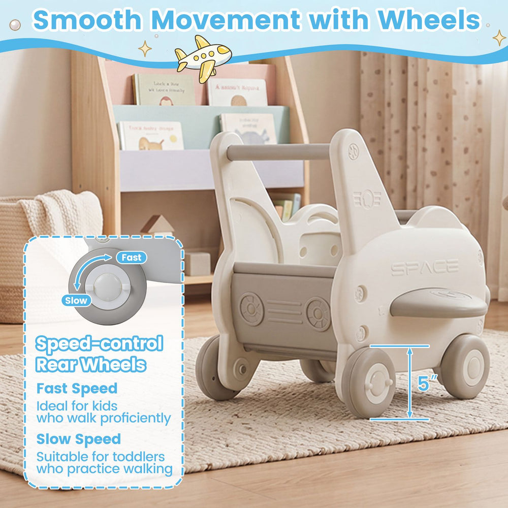 3-in-1 baby airplane shape toddler toy box with wheels features a flip-up seat and adjustable speed for safe movement.