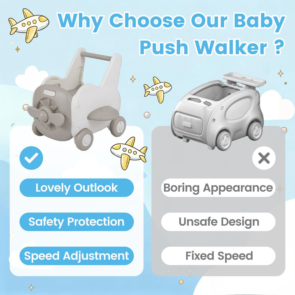 3-in-1 baby airplane shape push walker with wheels, tip-up seat, and speed adjustment for safe toddler play.