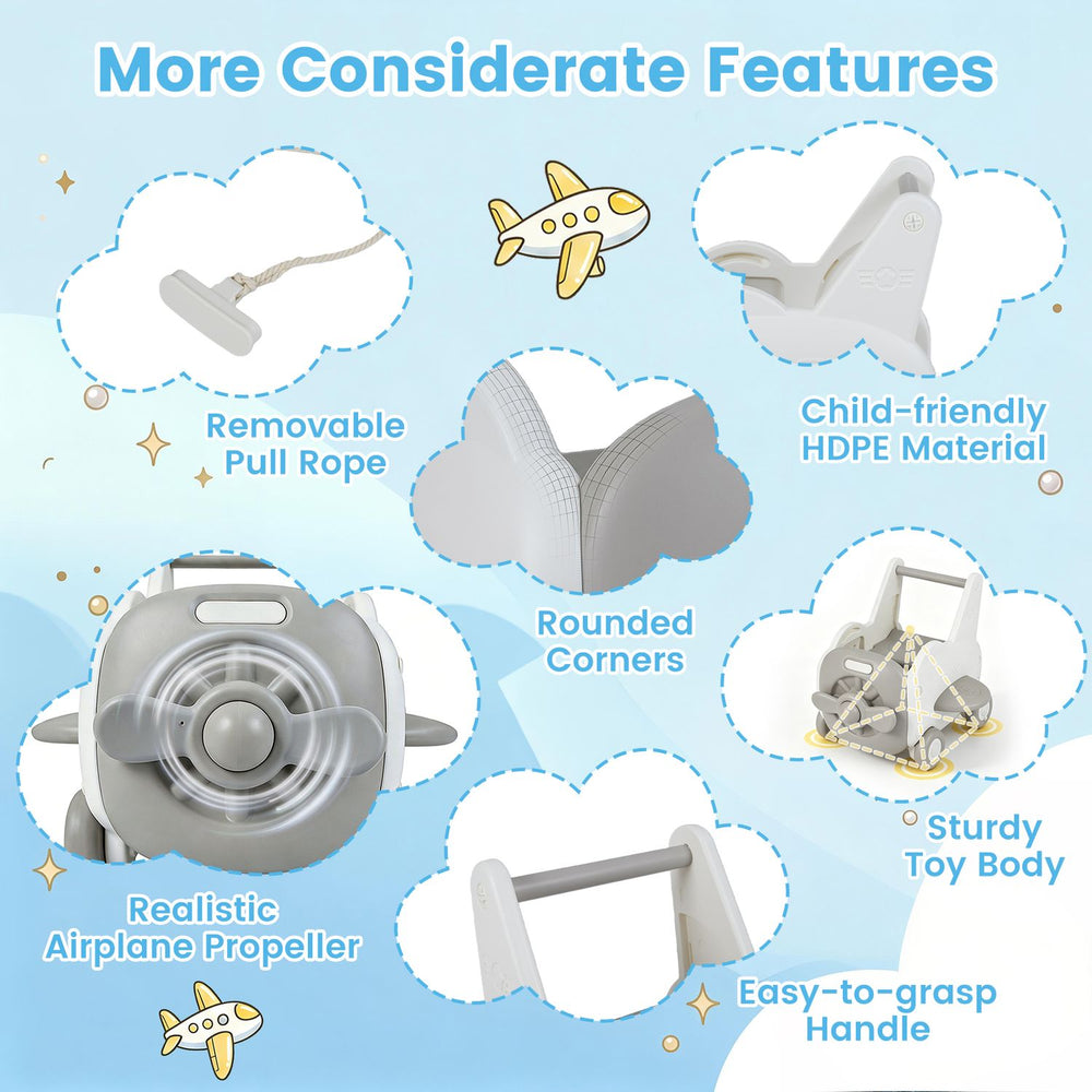 3-in-1 baby airplane shape toddler toy box with wheels, featuring a flip-up seat, removable pull rope, and rounded corners.