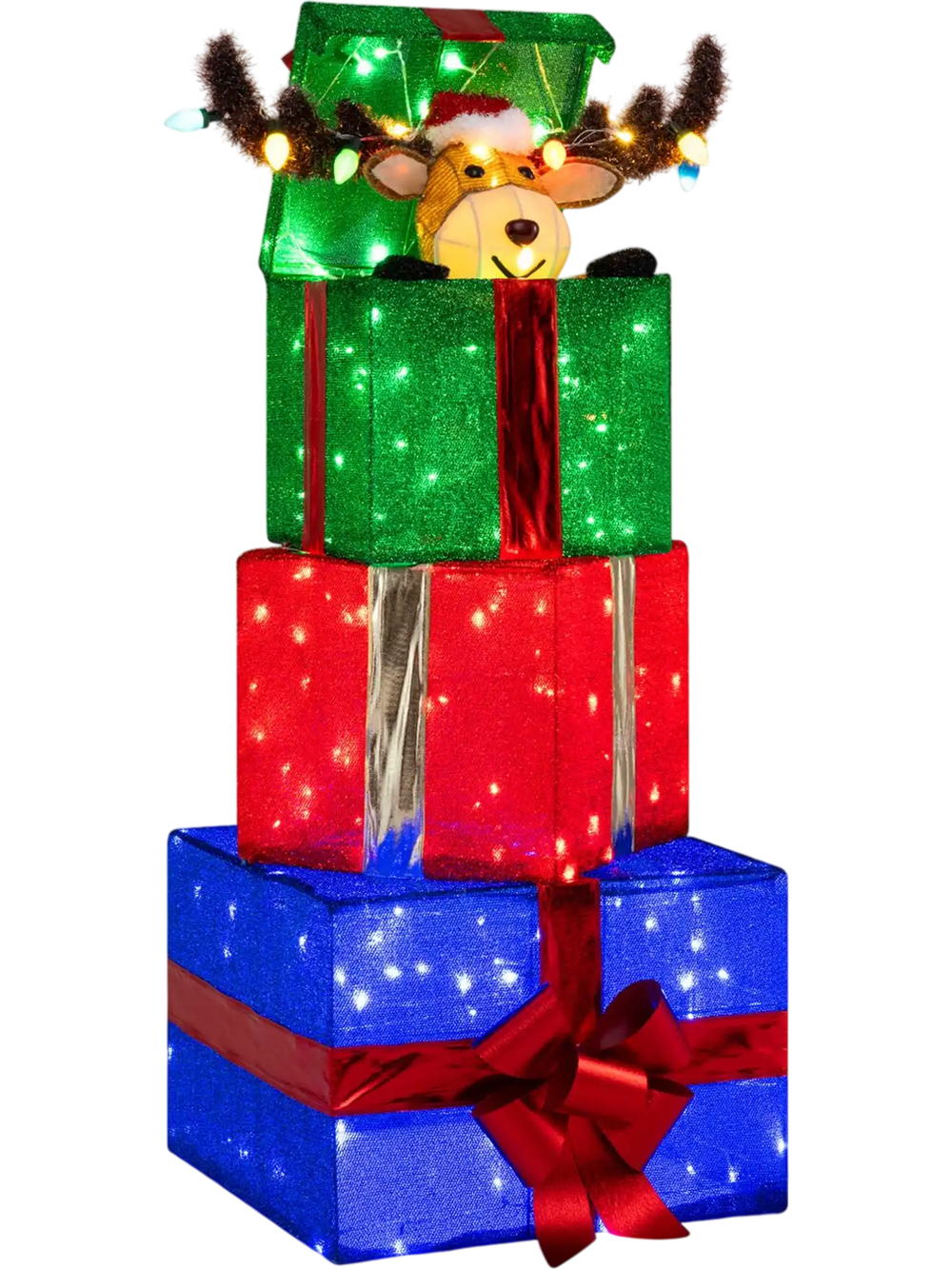Colorful stacked gift boxes with motorized reindeer and LED lights, perfect for indoor or outdoor holiday decoration.