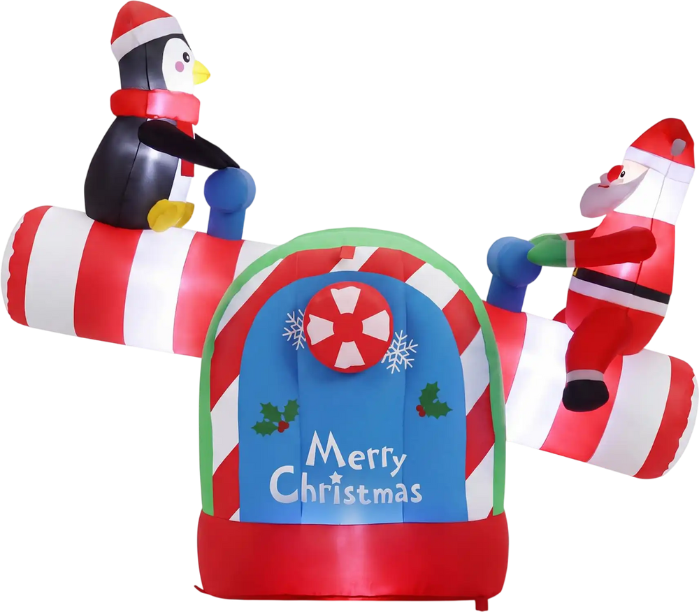Inflatable 5.1 FT Christmas seesaw features Santa and penguin with LED lights, perfect for festive garden decoration.