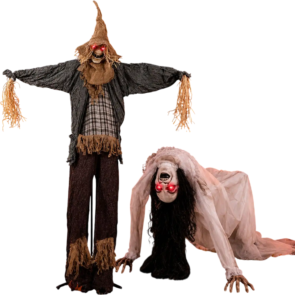Crawling woman ghost with lifelike movement and red LED eyes, ideal for adding fright to Halloween yard displays.