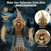 7 FT Halloween standing scarecrow with movable hat and glowing red eyes, perfect for spooky indoor and outdoor decor.