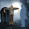 7 FT Halloween standing scarecrow with poseable straw arms and glowing red LED eyes, perfect for spooky decor.