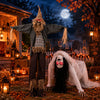 Standing scarecrow and crawling woman ghost with red LED eyes, perfect for Halloween yard decor and haunted houses.