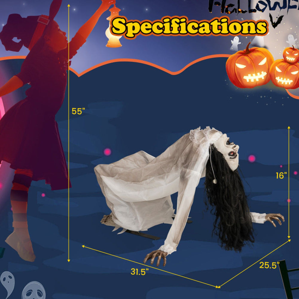 Crawling woman ghost prop features lifelike motion, glowing red LED eyes, and is perfect for Halloween party decor.