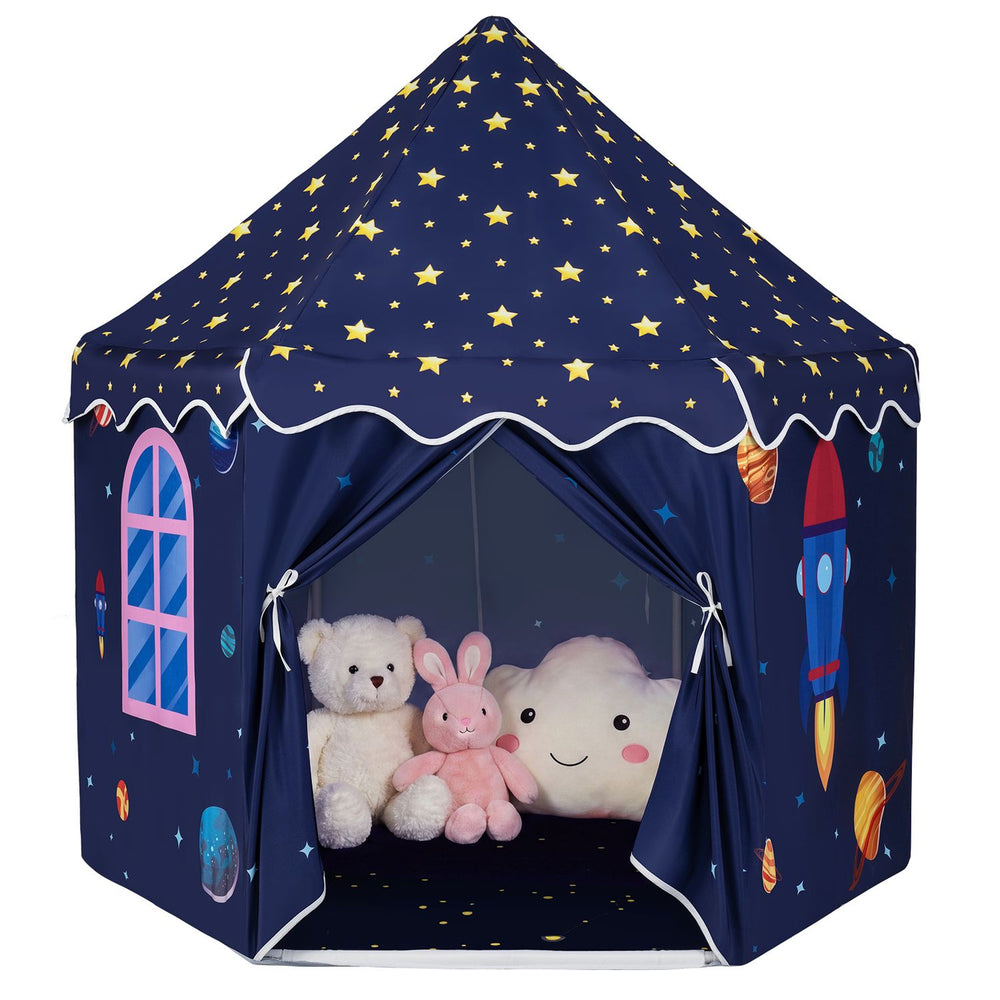 Colorful indoor outdoor play tent with starry design, perfect for kids' playtime and reading nooks.