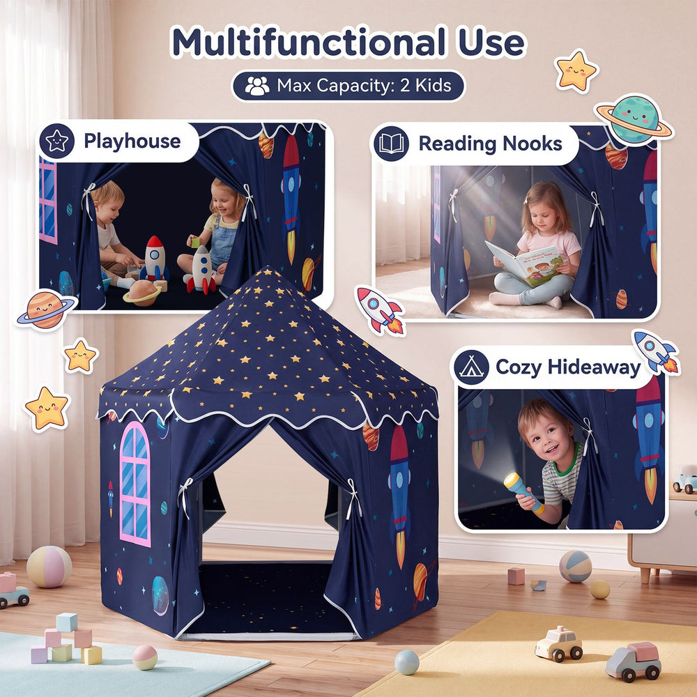 Indoor outdoor play tent with starry sky design, perfect for 2 kids as a playhouse, reading nook, or cozy hideaway.
