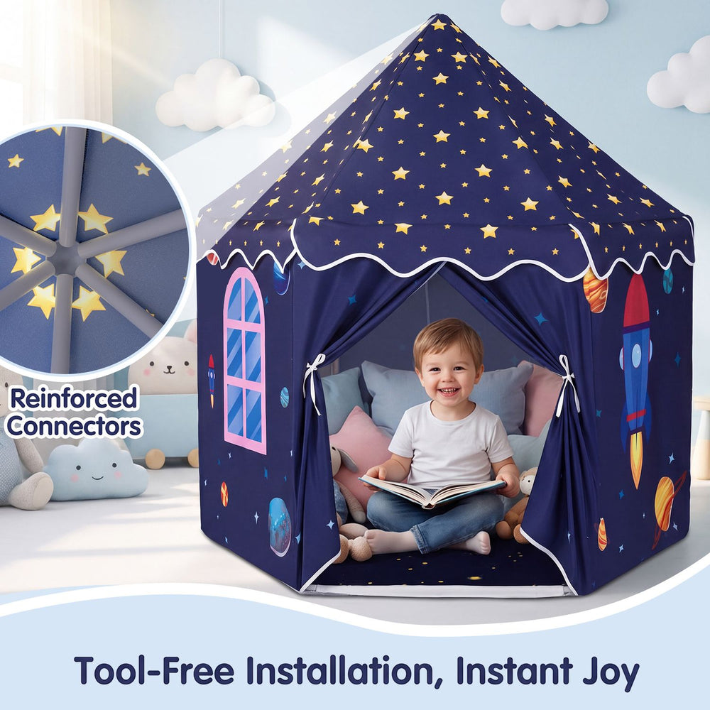 Colorful indoor outdoor play tent with reinforced connectors, perfect for reading and active play for toddlers ages 3-12.