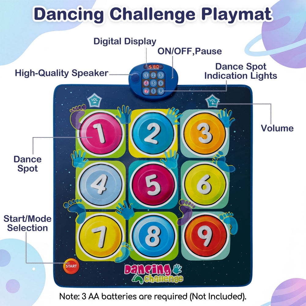 Dancing challenge playmat features a digital display, high-quality speaker, and colorful dance spots for interactive fun.