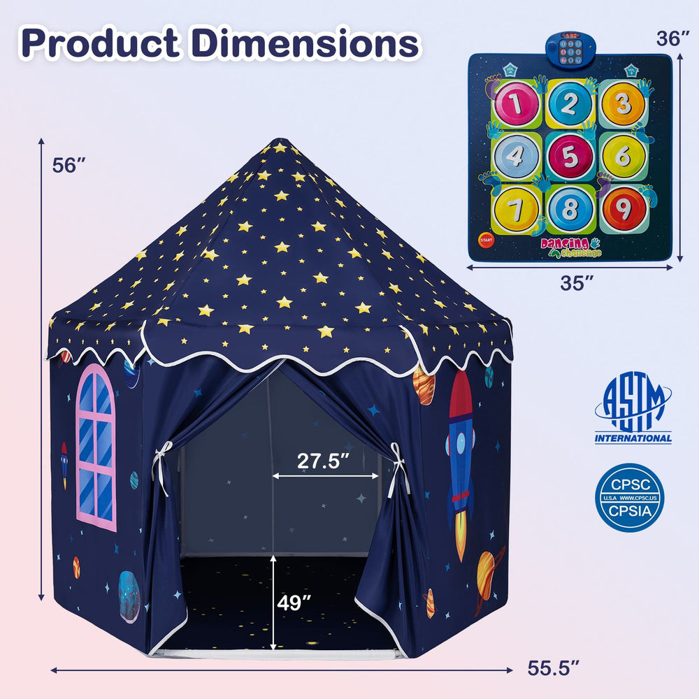Indoor outdoor play tent with starry design, measuring 56" x 49", includes a dancing mat for interactive fun.