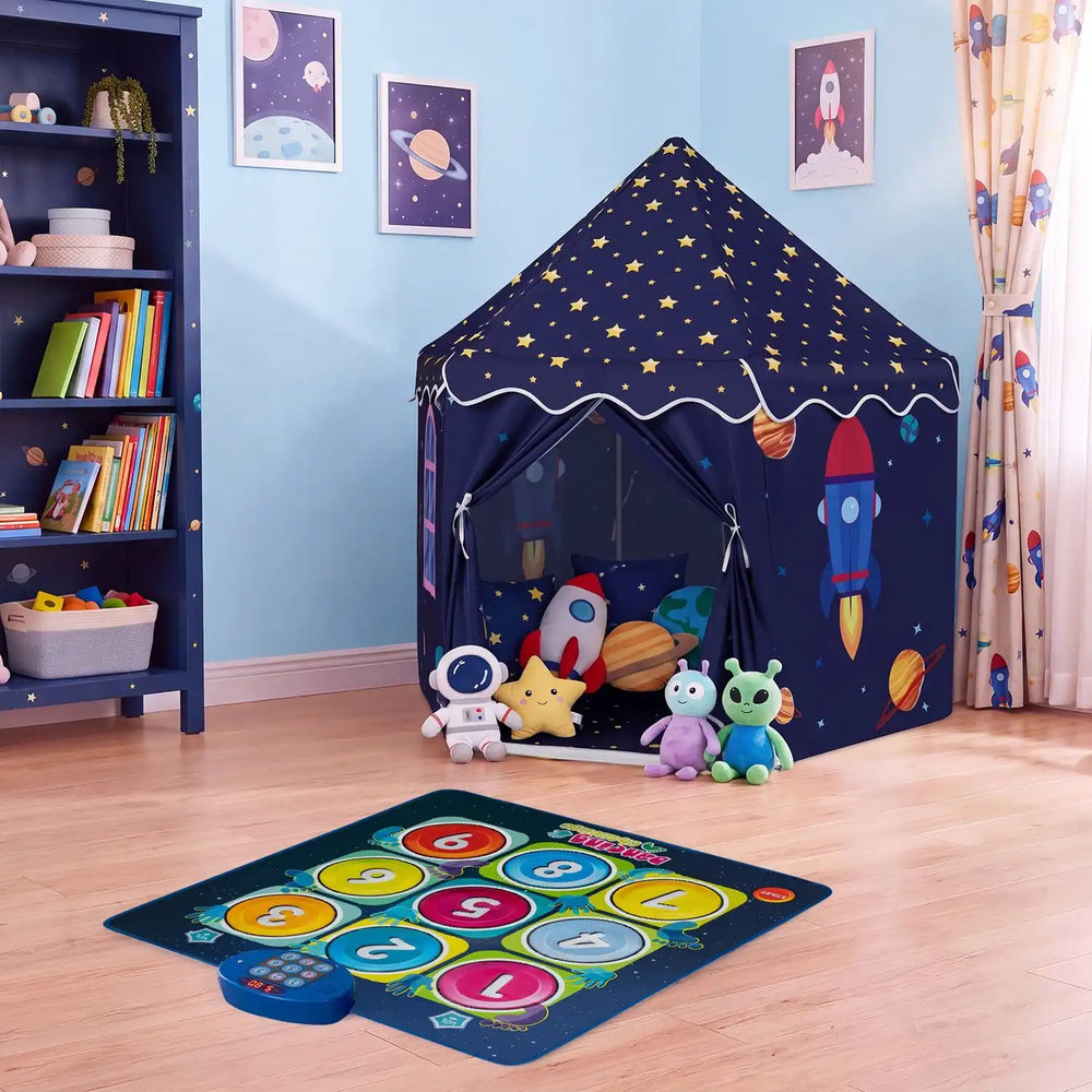 Colorful indoor play tent with starry design and interactive dancing mat for toddlers ages 3-12, perfect for imaginative play.