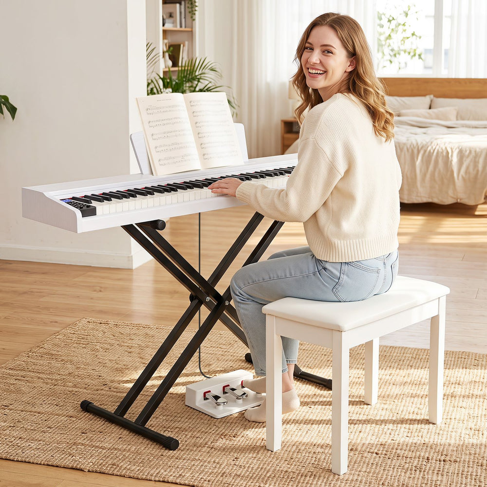 Portable digital piano keyboard with semi-weighted keys, triple pedals, and adjustable stand for versatile playing.