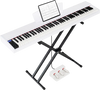 Portable 88-key digital piano in white with semi-weighted keys, stand, triple pedals, and music sheet holder for versatile use.